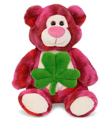 DolliBu Pink Tie-Dye Bear Stuffed Animal with Green Plush Shamrock - 9 Inches
