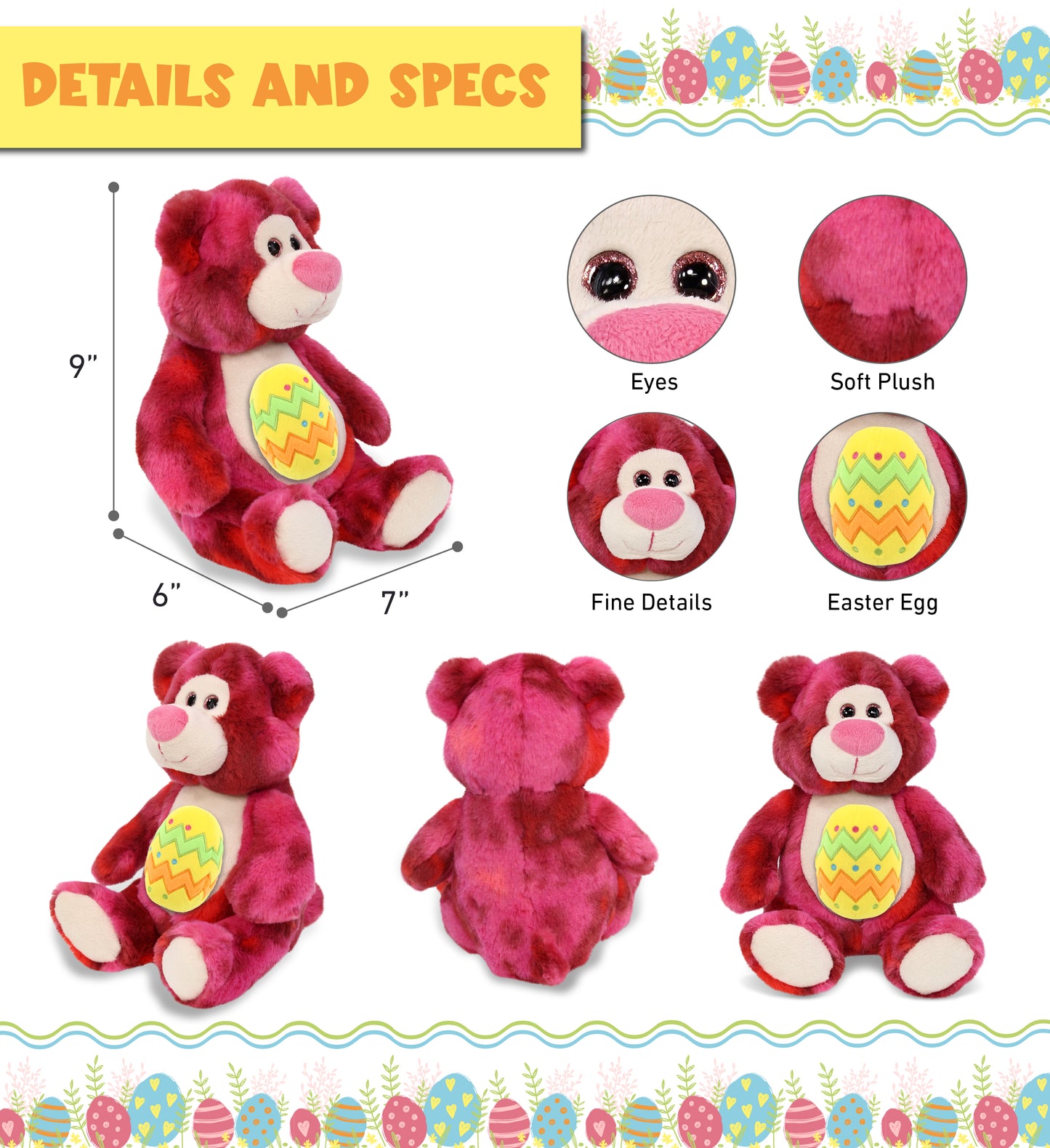 DolliBu Super Soft Pink Tie-Dye Bear with Yellow Easter Egg Plush - 9 Inches