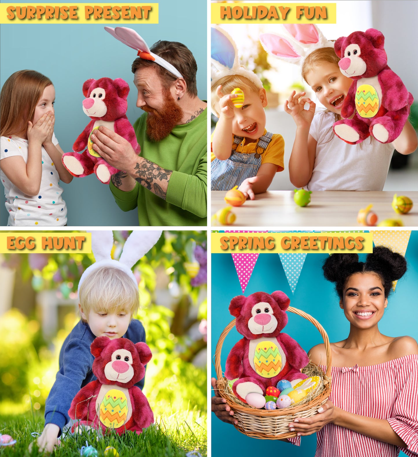 DolliBu Super Soft Pink Tie-Dye Bear with Yellow Easter Egg Plush - 9 Inches