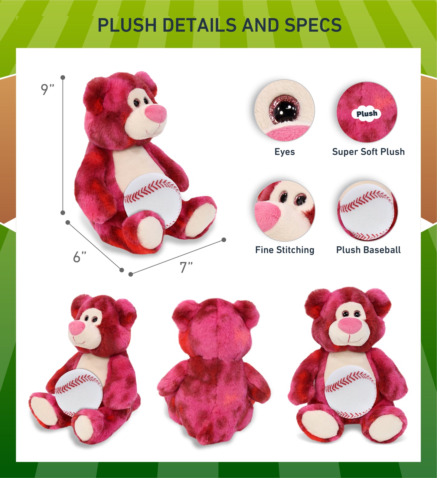 SUPER-SOFT PLUSH - PINK TIE-DYE BEAR 9" WITH BASEBALL PLUSH