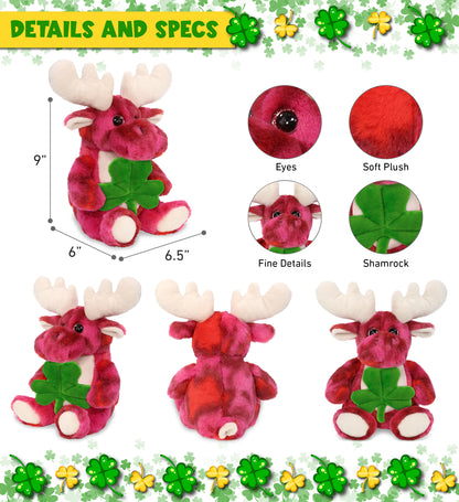 DolliBu Pink Tie-Dye Moose Stuffed Animal with Green Plush Shamrock - 9 Inches