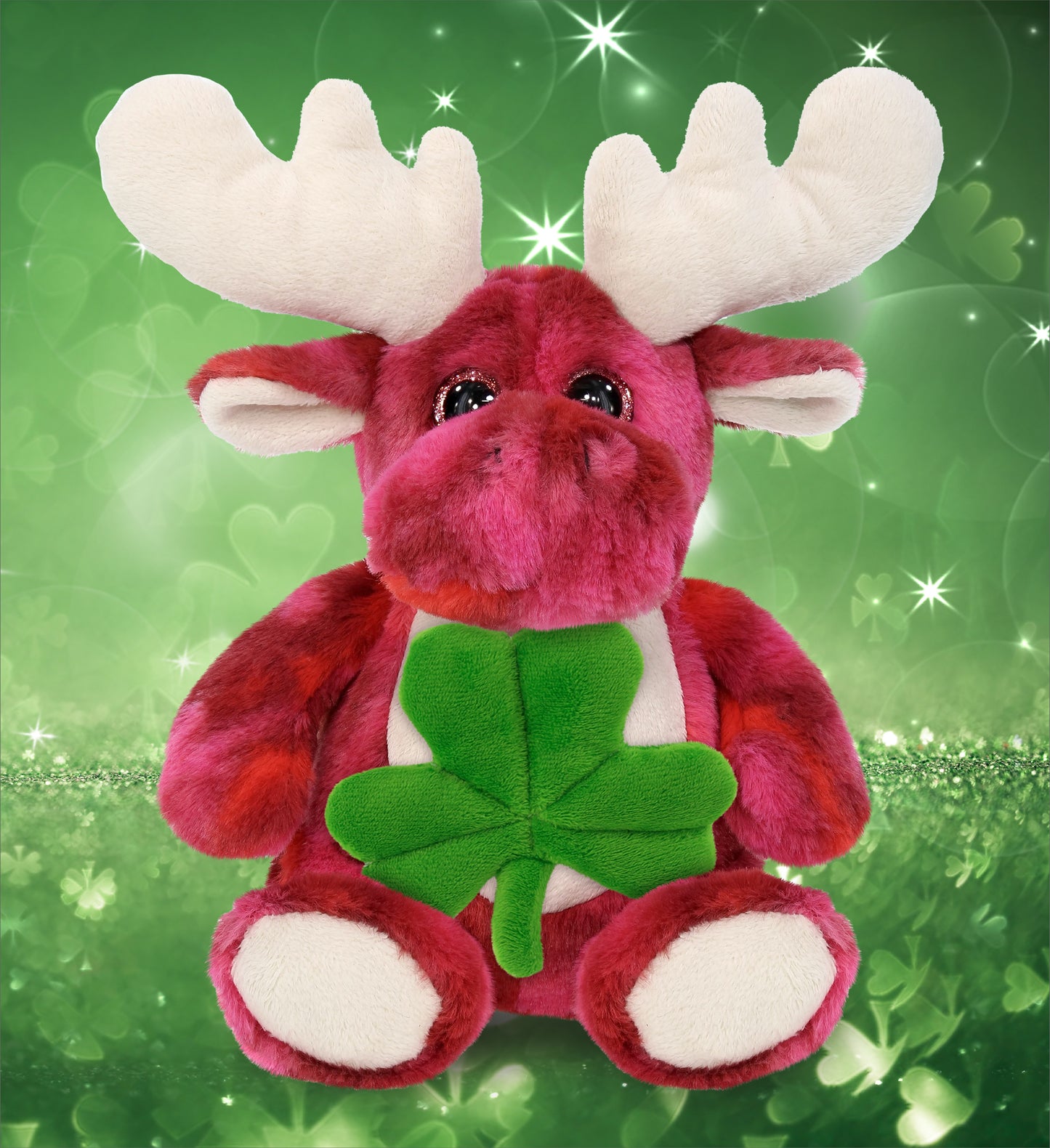 DolliBu Pink Tie-Dye Moose Stuffed Animal with Green Plush Shamrock - 9 Inches