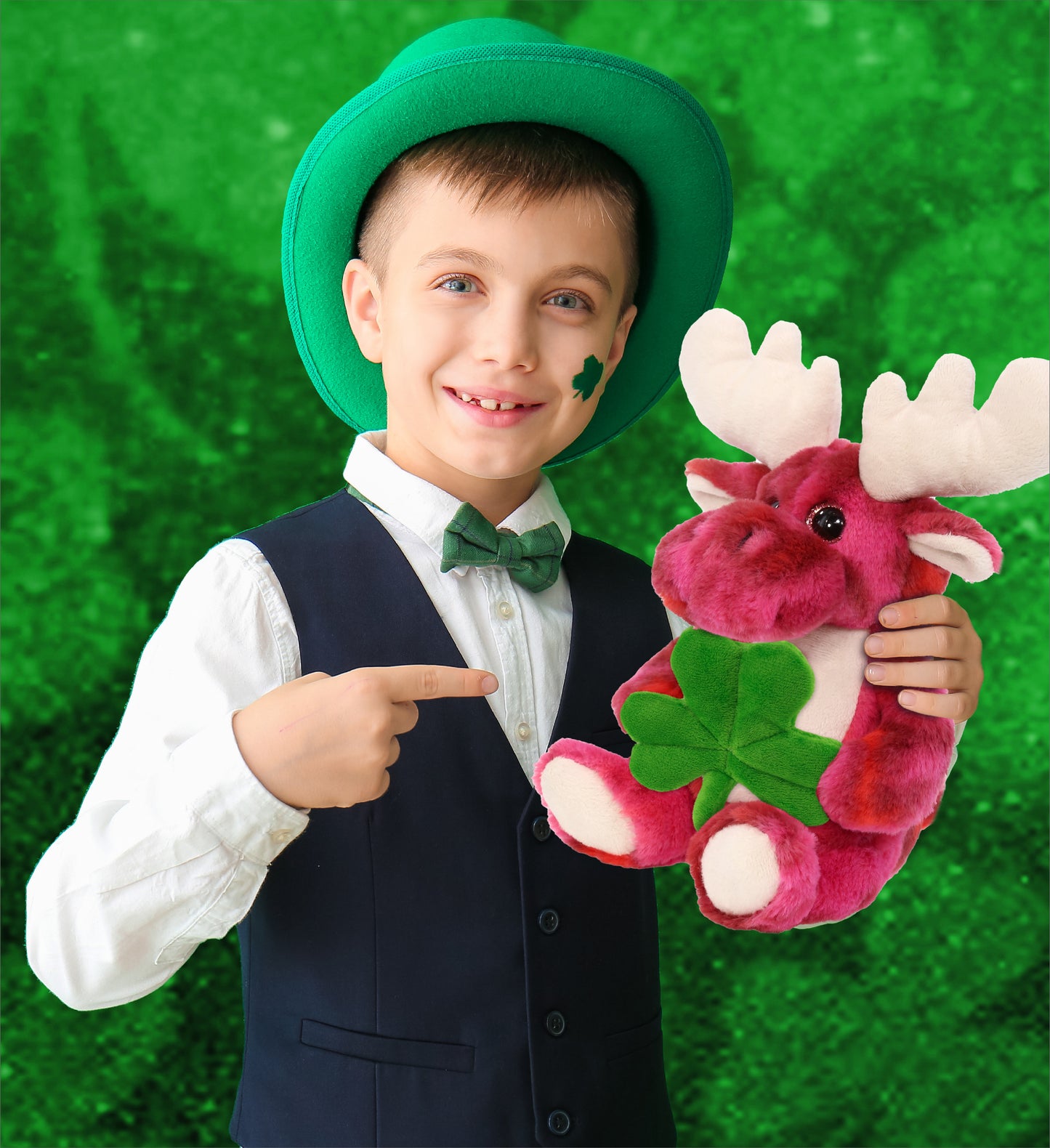 DolliBu Pink Tie-Dye Moose Stuffed Animal with Green Plush Shamrock - 9 Inches