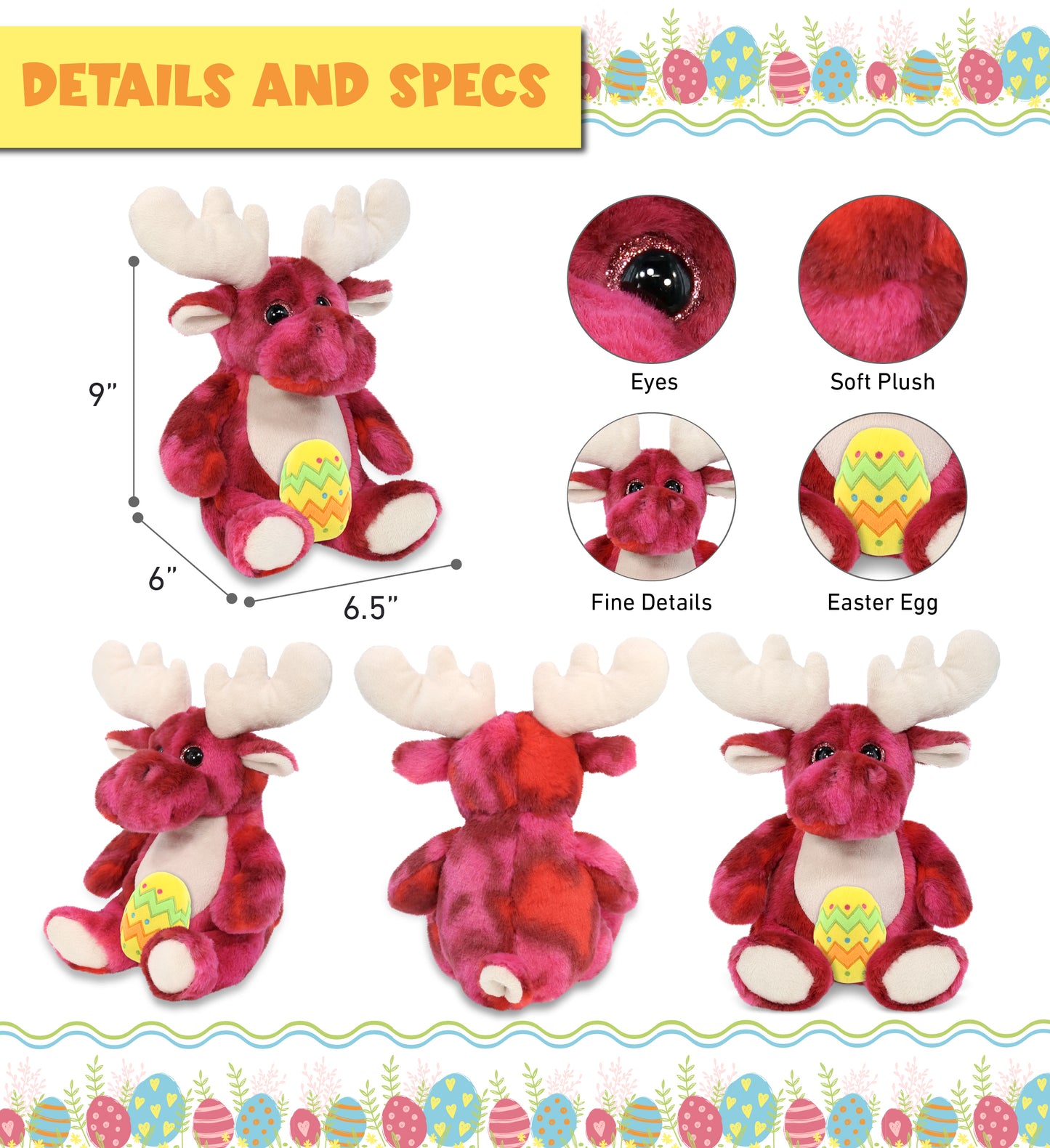 DolliBu Super Soft Pink Tie-Dye Moose with Yellow Easter Egg Plush - 9 Inches