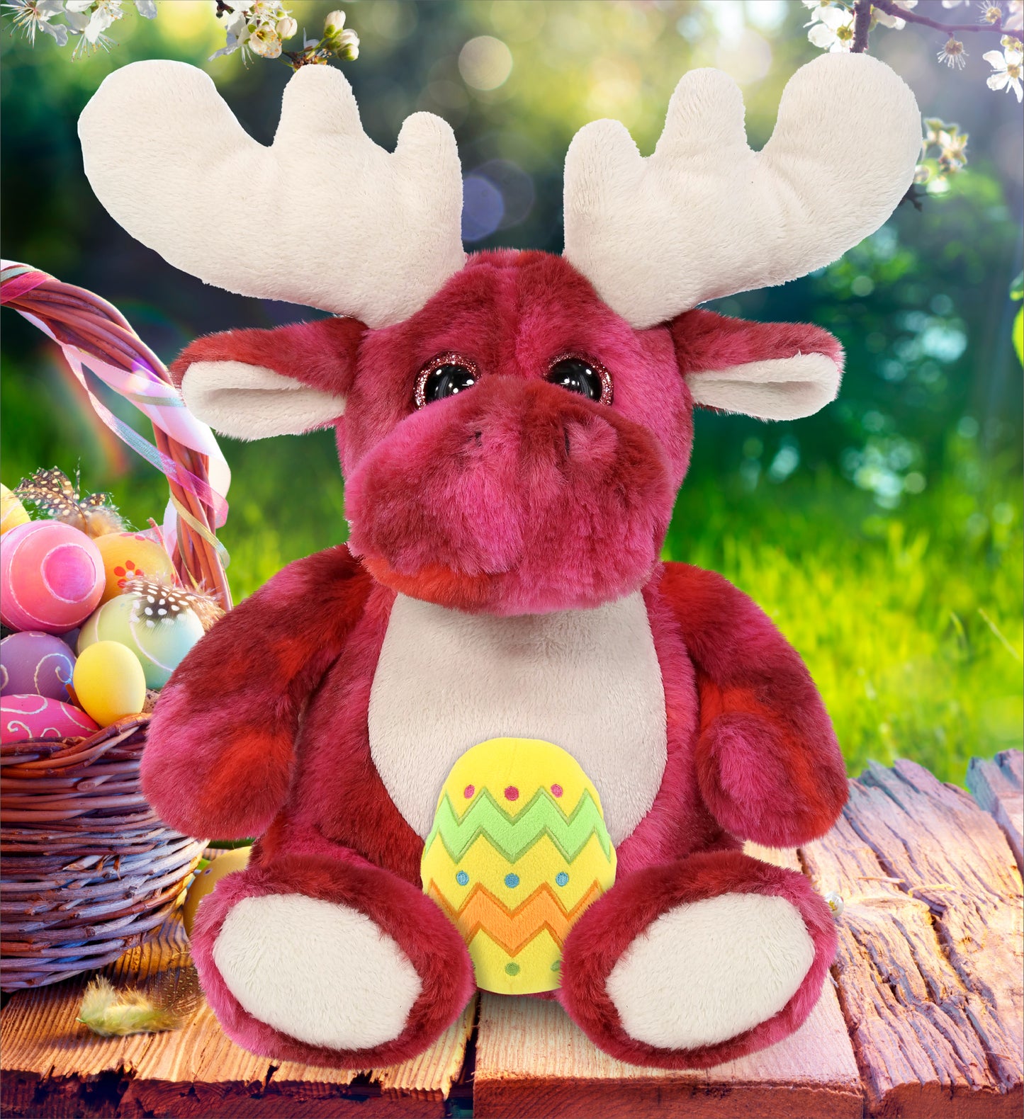 DolliBu Super Soft Pink Tie-Dye Moose with Yellow Easter Egg Plush - 9 Inches