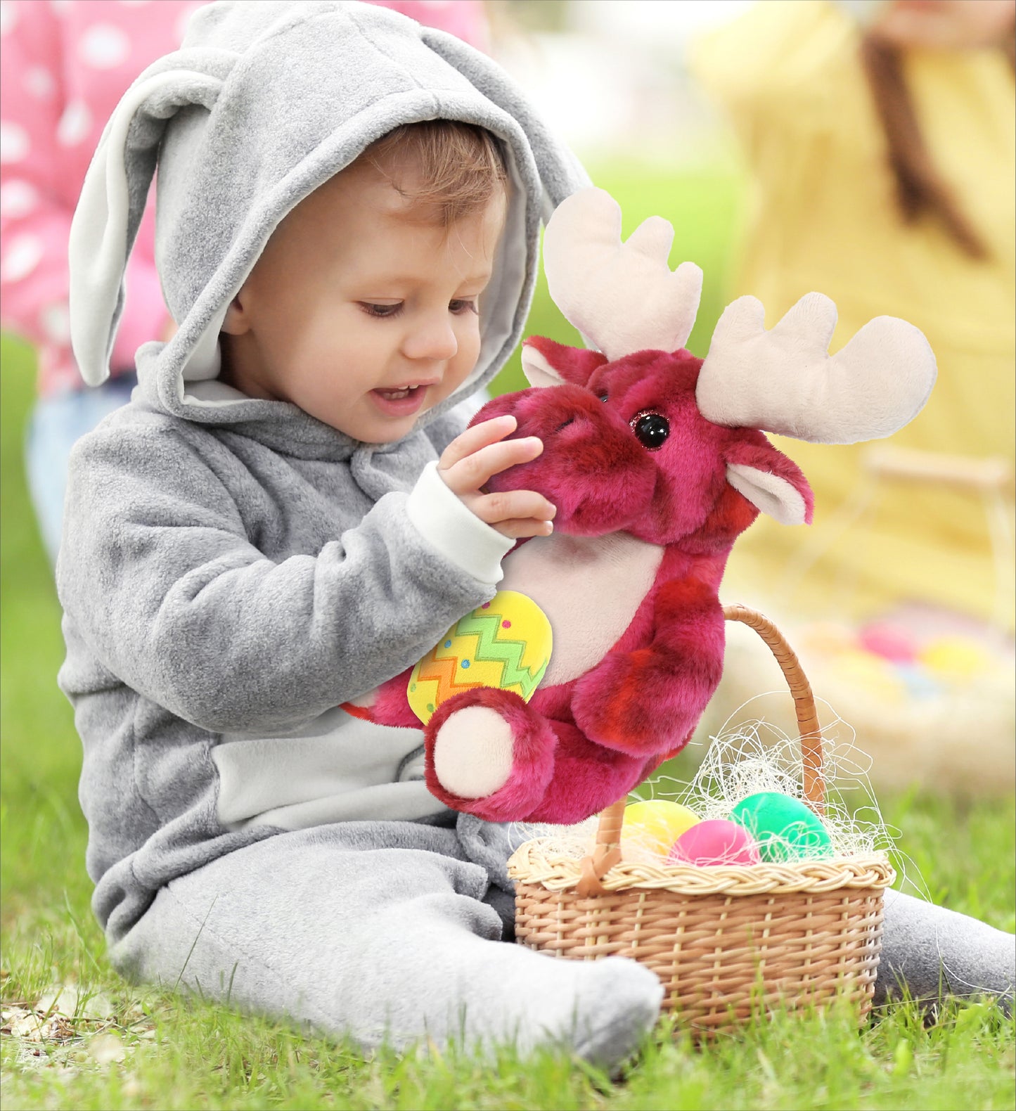 DolliBu Super Soft Pink Tie-Dye Moose with Yellow Easter Egg Plush - 9 Inches