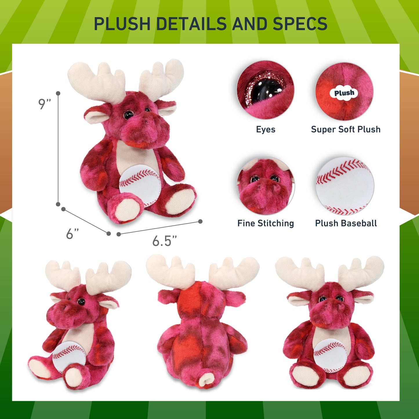 SUPER-SOFT PLUSH - PINK TIE-DYE MOOSE 9" WITH BASEBALL PLUSH