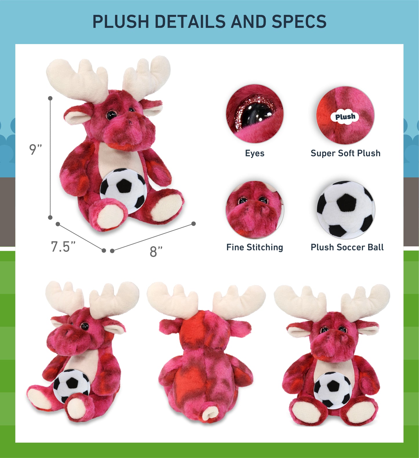 SUPER-SOFT PLUSH - PINK TIE-DYE MOOSE 9" WITH SOCCER PLUSH