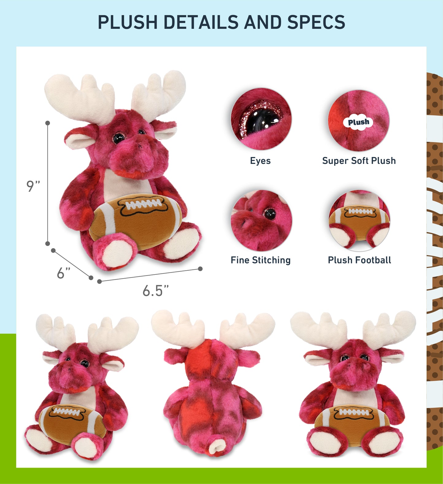 SUPER-SOFT PLUSH - PINK TIE-DYE MOOSE 9" WITH FOOTBALL PLUSH