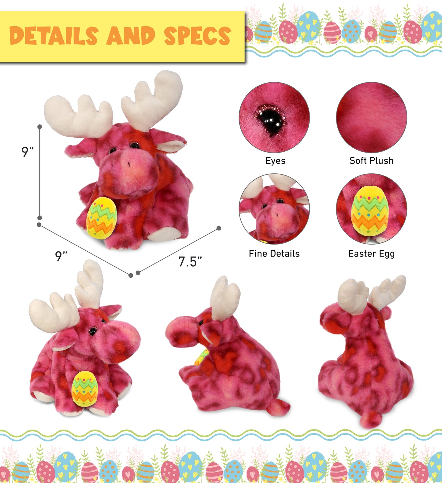 DolliBu Cute Pink Tie-Dye Floppy Moose with Yellow Easter Egg Plush - 9 Inches