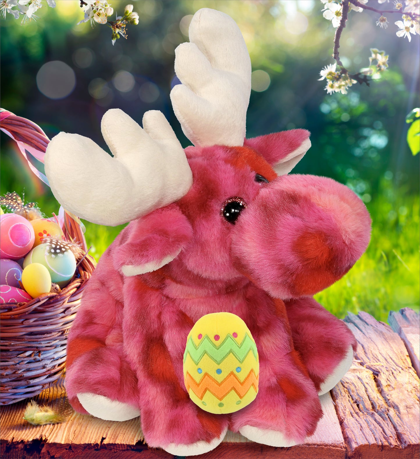 DolliBu Cute Pink Tie-Dye Floppy Moose with Yellow Easter Egg Plush - 9 Inches