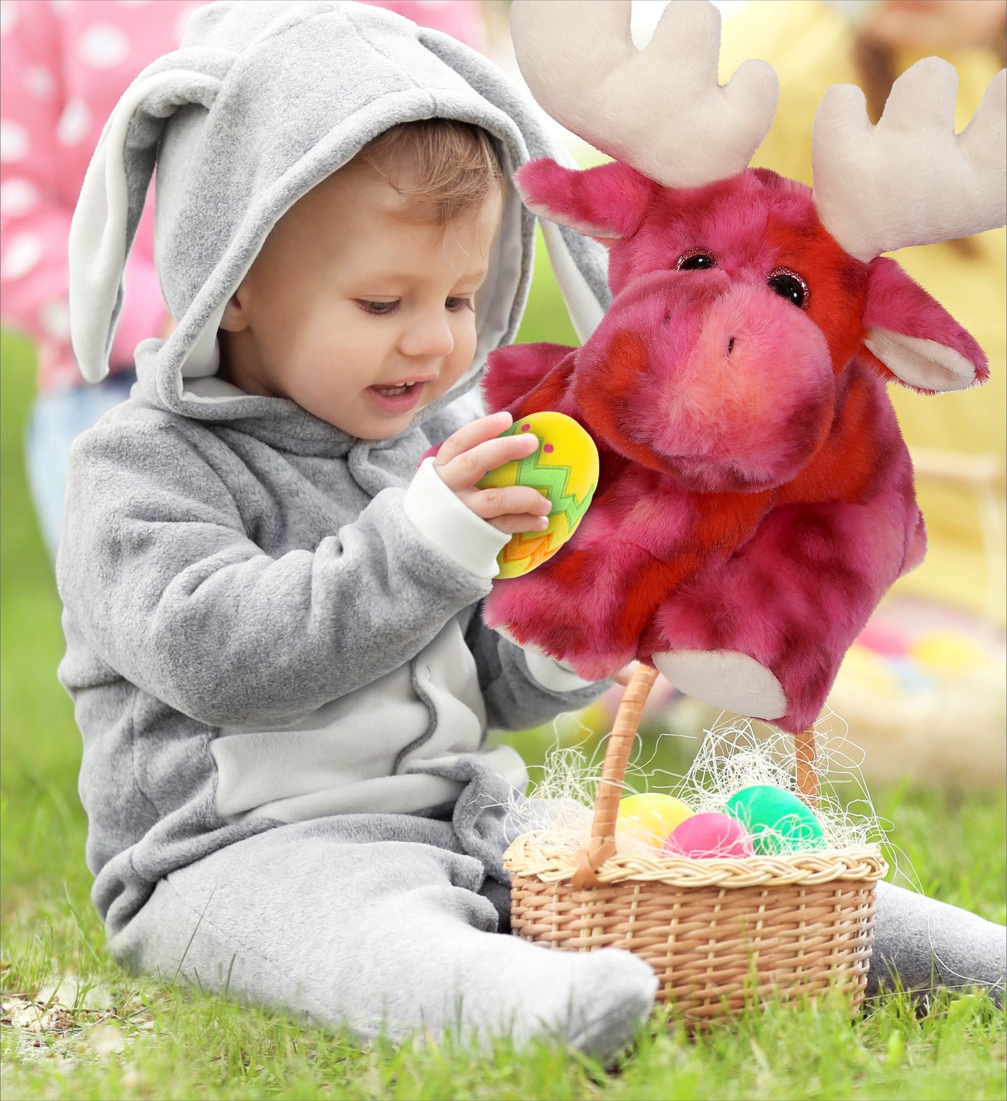 DolliBu Cute Pink Tie-Dye Floppy Moose with Yellow Easter Egg Plush - 9 Inches