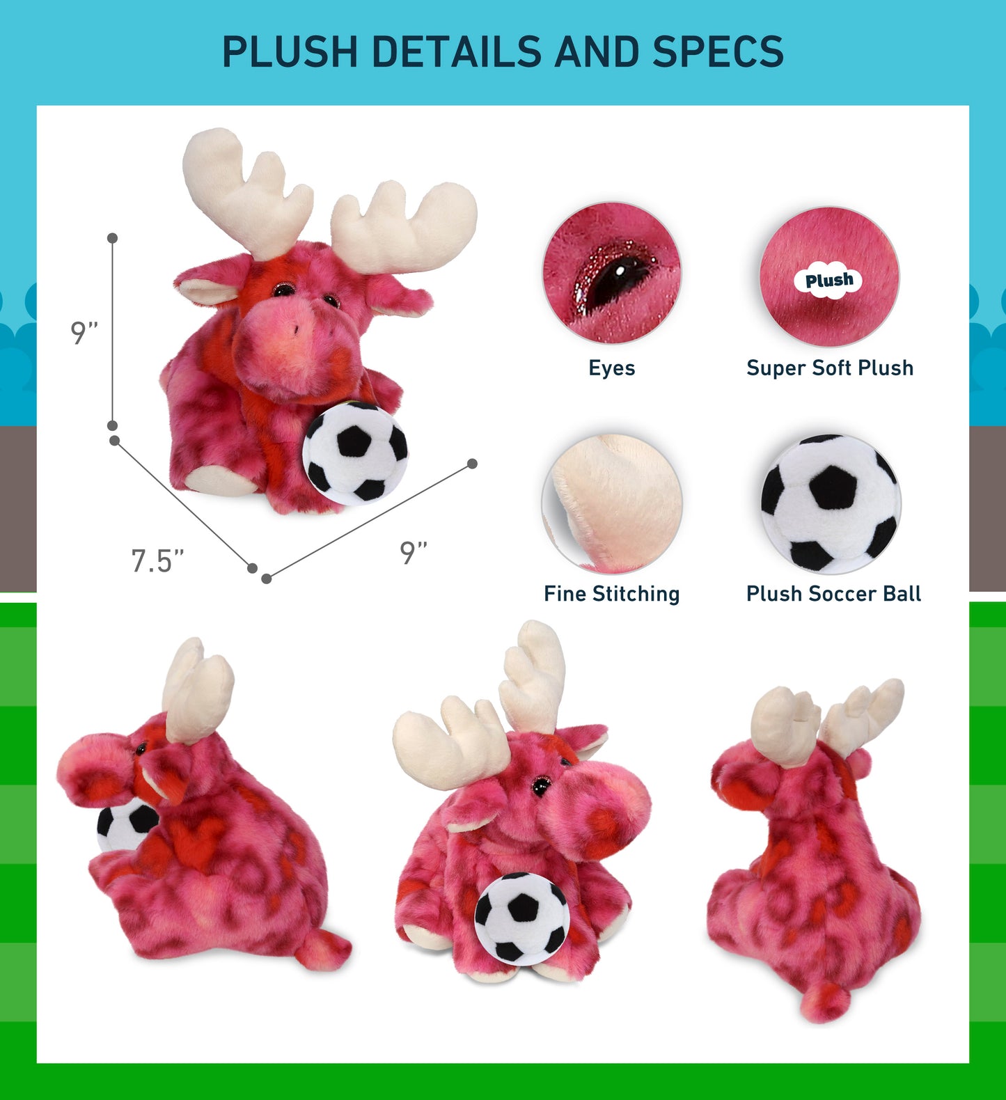 SUPER-SOFT PLUSH - PINK TIE-DYE FLOPPY MOOSE 9" WITH SOCCER PLUSH