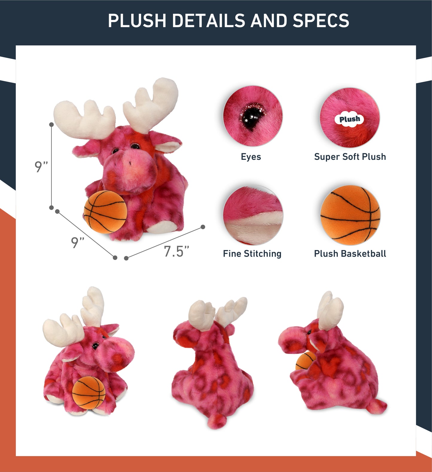 SUPER-SOFT PLUSH - PINK TIE-DYE FLOPPY MOOSE 9" WITH BASKETBALL PLUSH