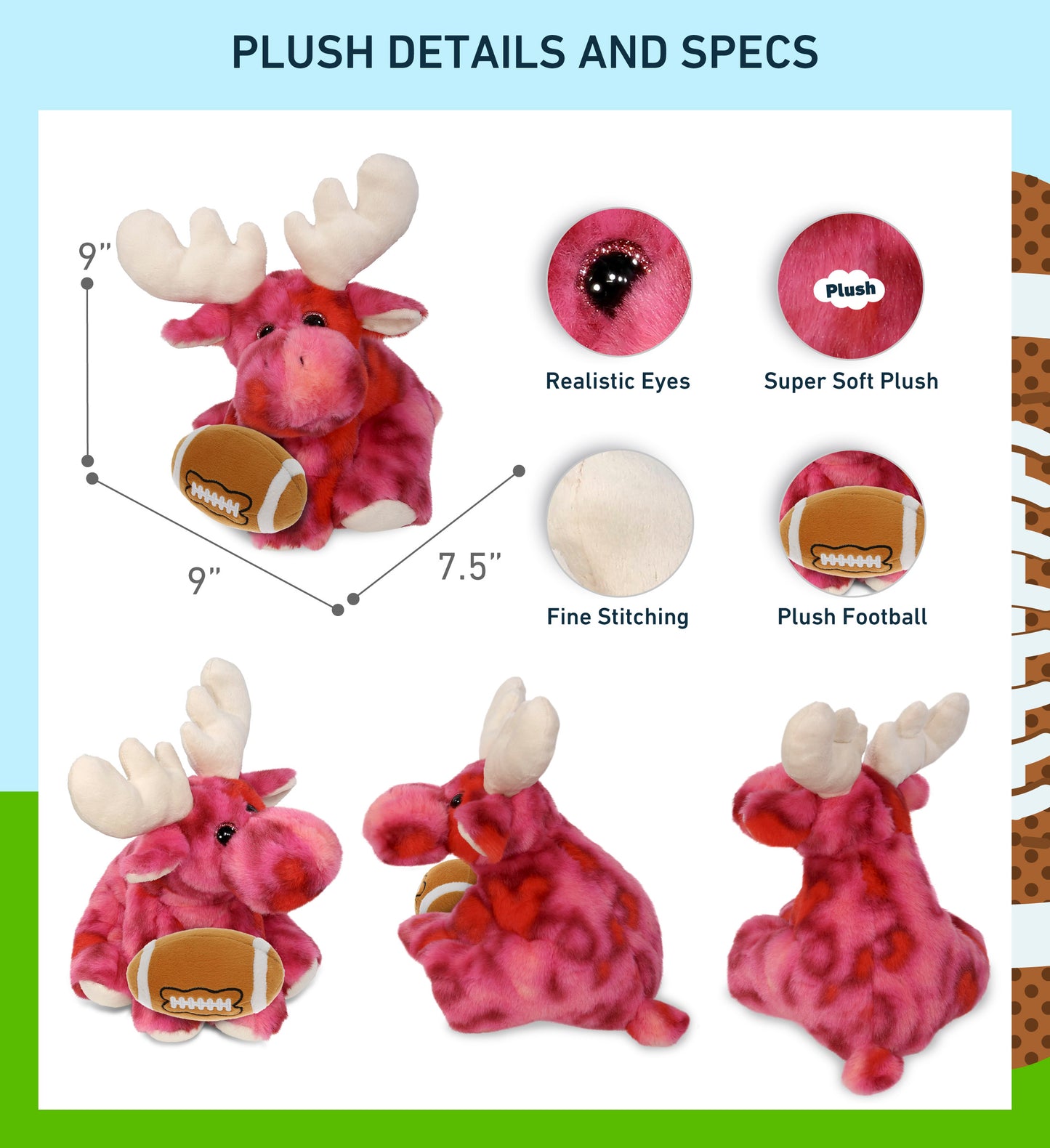 SUPER-SOFT PLUSH - PINK TIE-DYE FLOPPY MOOSE 9" WITH FOOTBALL PLUSH
