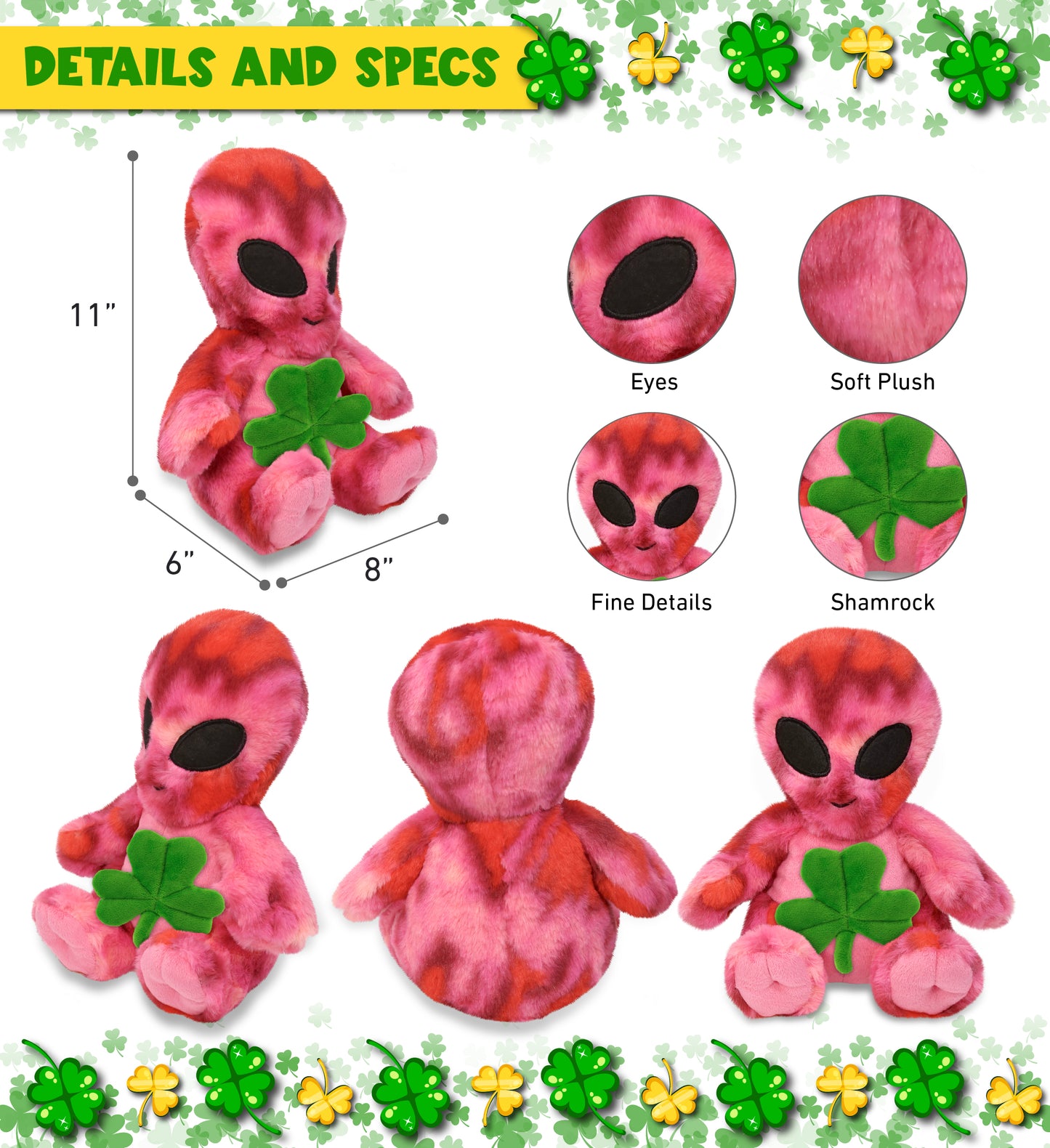 DolliBu Pink Tie-Dye Alien Stuffed Toy with Green Plush Shamrock - 11 Inches