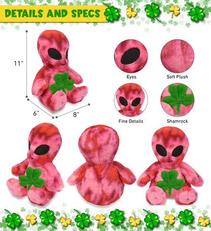 DolliBu Pink Tie-Dye Alien Stuffed Toy with Green Plush Shamrock - 11 Inches