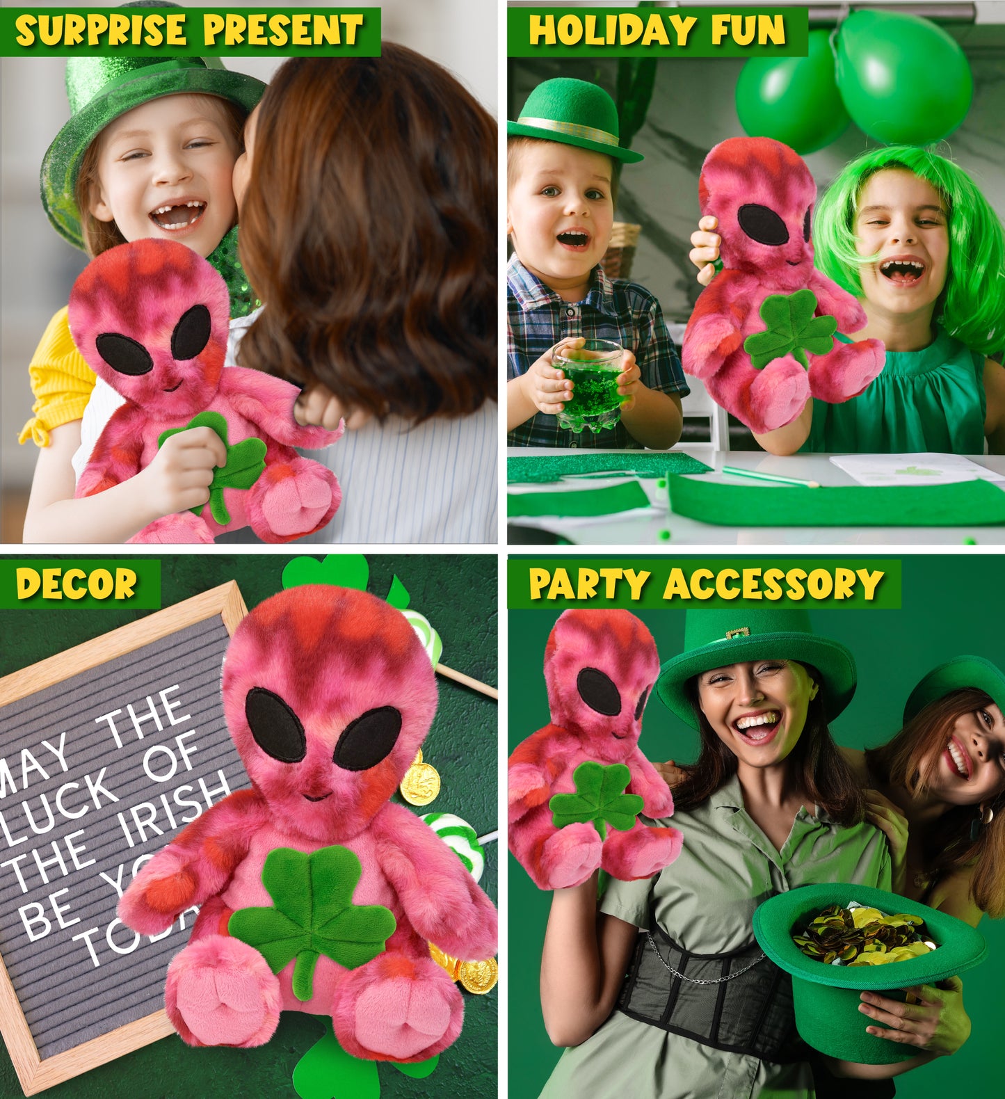 DolliBu Pink Tie-Dye Alien Stuffed Toy with Green Plush Shamrock - 11 Inches