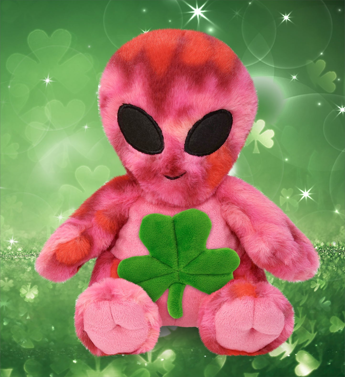 DolliBu Pink Tie-Dye Alien Stuffed Toy with Green Plush Shamrock - 11 Inches