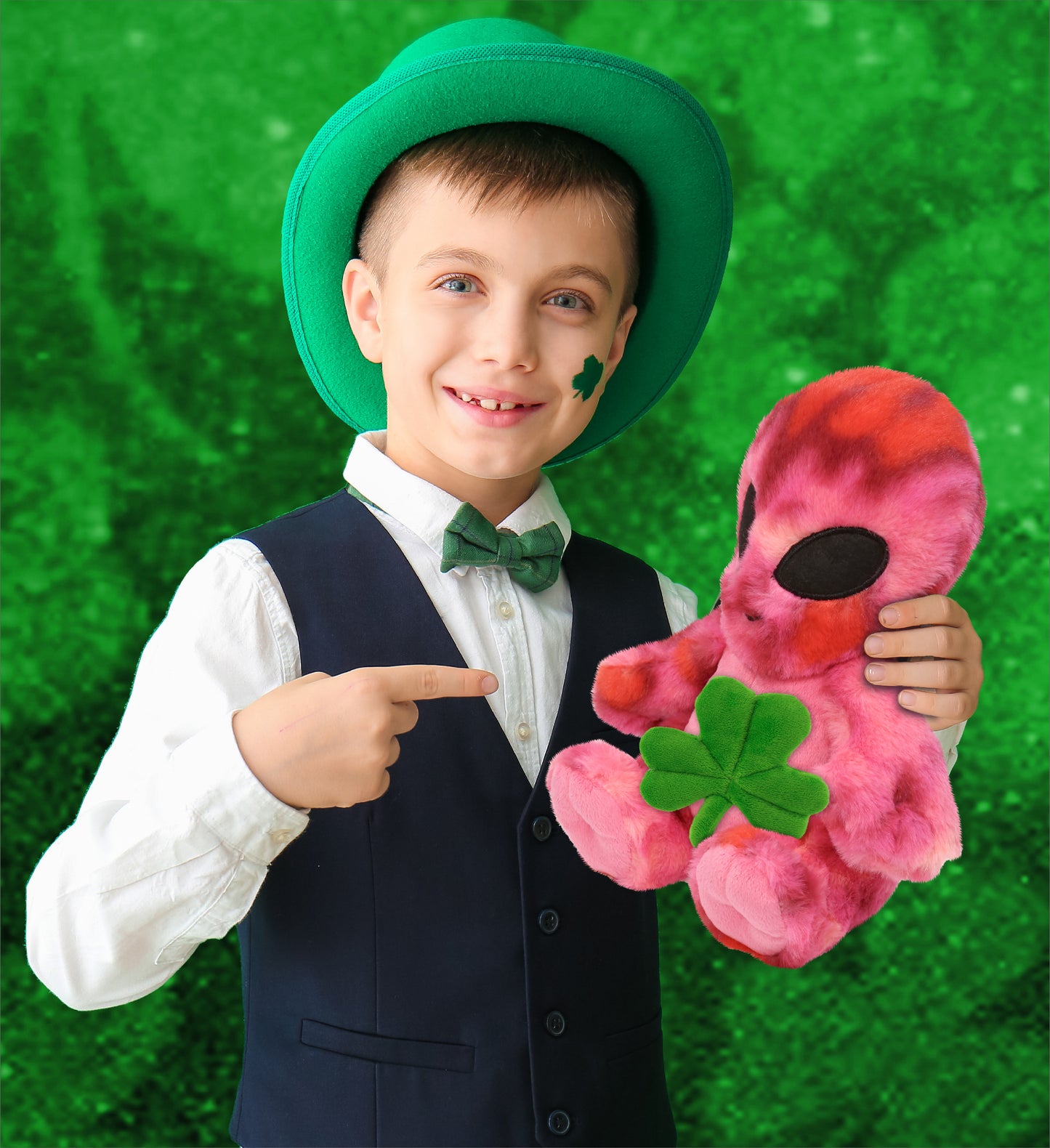 DolliBu Pink Tie-Dye Alien Stuffed Toy with Green Plush Shamrock - 11 Inches