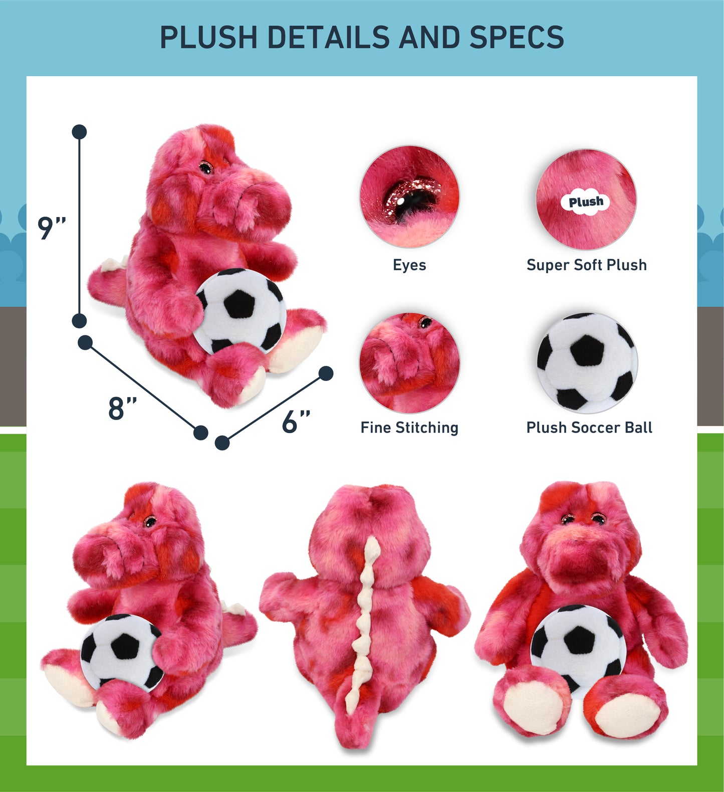 SUPER-SOFT PLUSH - PINK TIE-DYE SITTING ALLIGATOR 8" with Soccer Plush