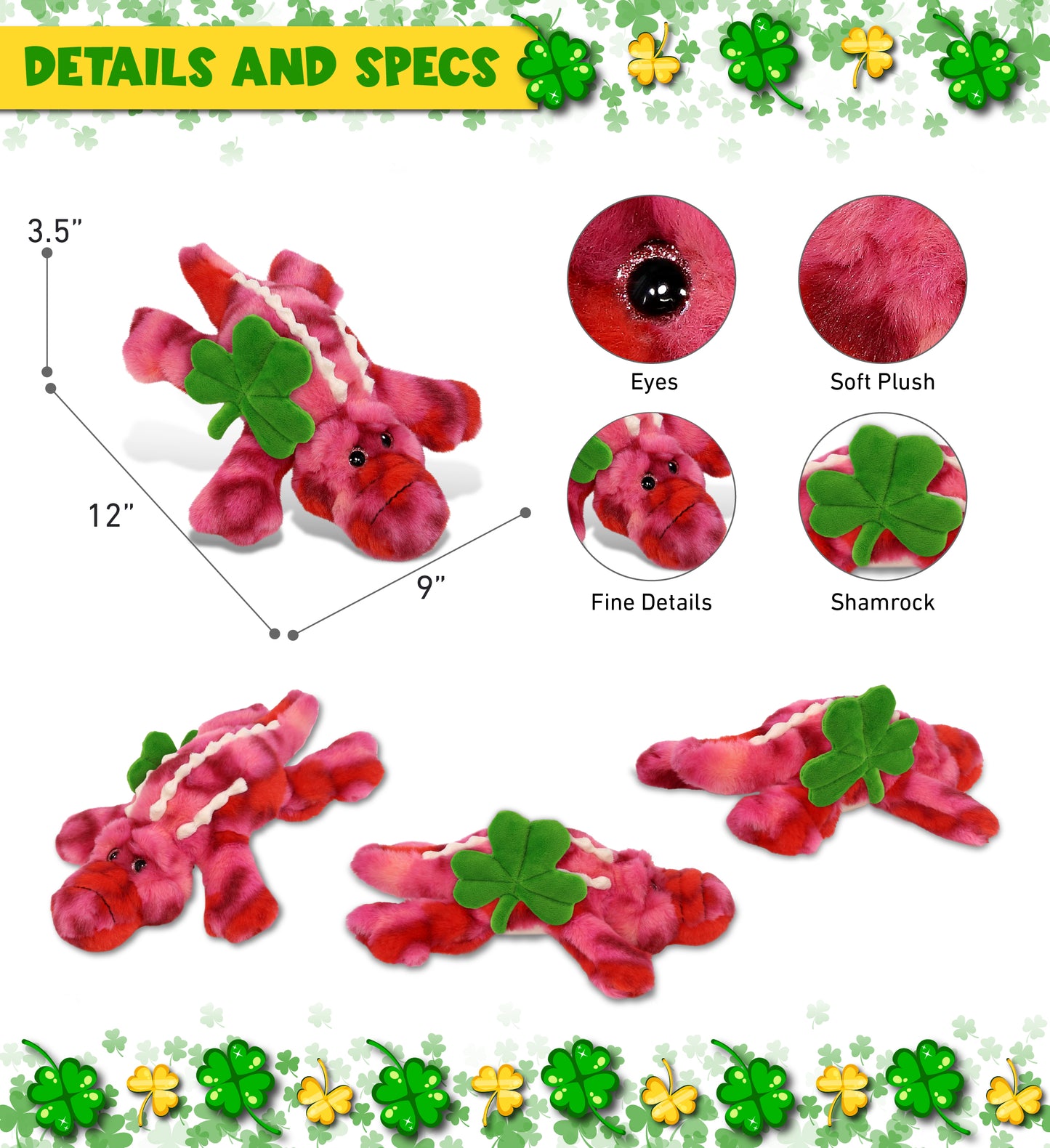DolliBu Pink Tie-Dye Alligator Stuffed Animal with Green Plush Shamrock, 8 Inch
