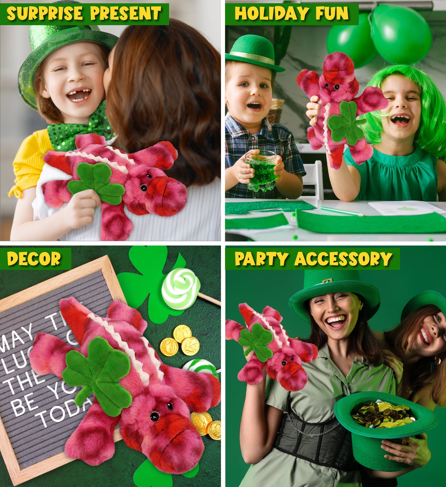 DolliBu Pink Tie-Dye Alligator Stuffed Animal with Green Plush Shamrock, 8 Inch