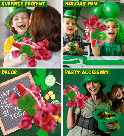 DolliBu Pink Tie-Dye Alligator Stuffed Animal with Green Plush Shamrock, 8 Inch