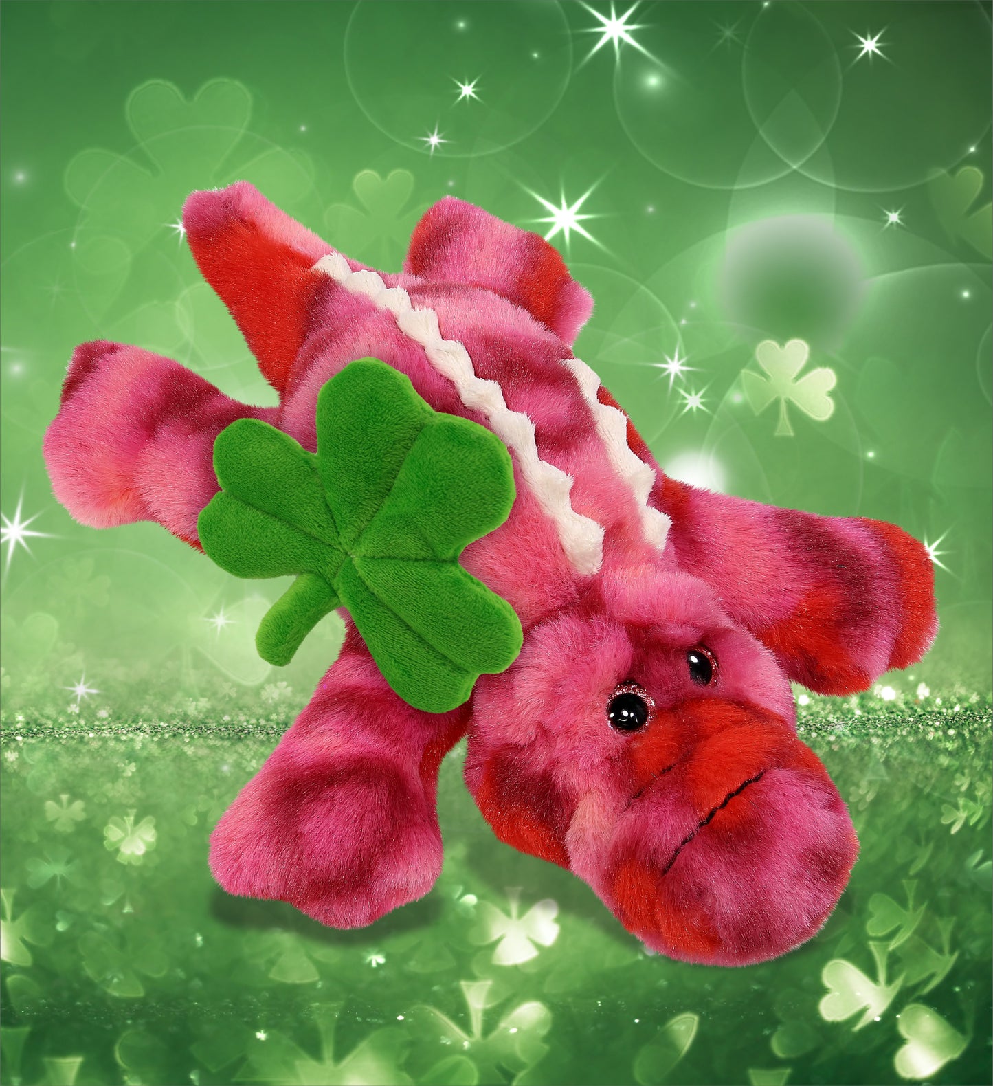 DolliBu Pink Tie-Dye Alligator Stuffed Animal with Green Plush Shamrock, 8 Inch
