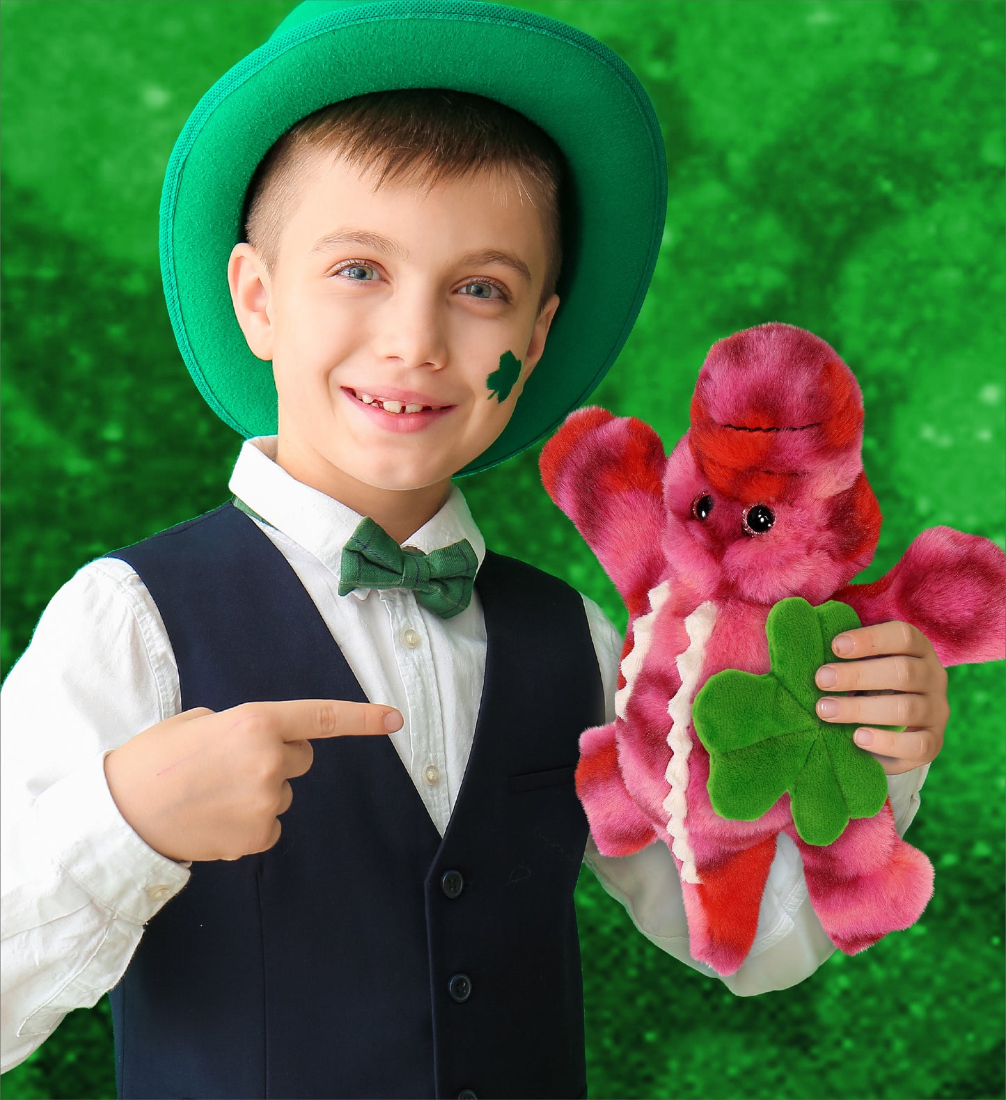 DolliBu Pink Tie-Dye Alligator Stuffed Animal with Green Plush Shamrock, 8 Inch