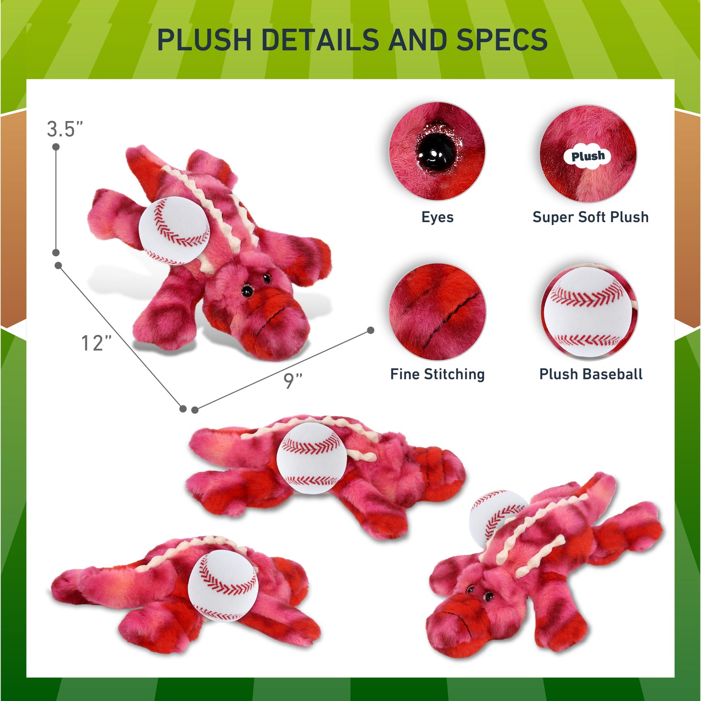 SUPER-SOFT PLUSH - PINK TIE-DYE SITTING ALLIGATOR 8" WITH BASEBALL PLUSH