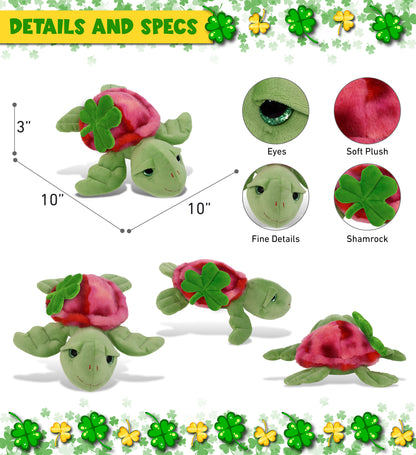 DolliBu Pink Tie-Dye Green Sea Turtle Plush with Green Plush Shamrock - 10 Inch