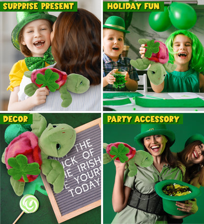 DolliBu Pink Tie-Dye Green Sea Turtle Plush with Green Plush Shamrock - 10 Inch
