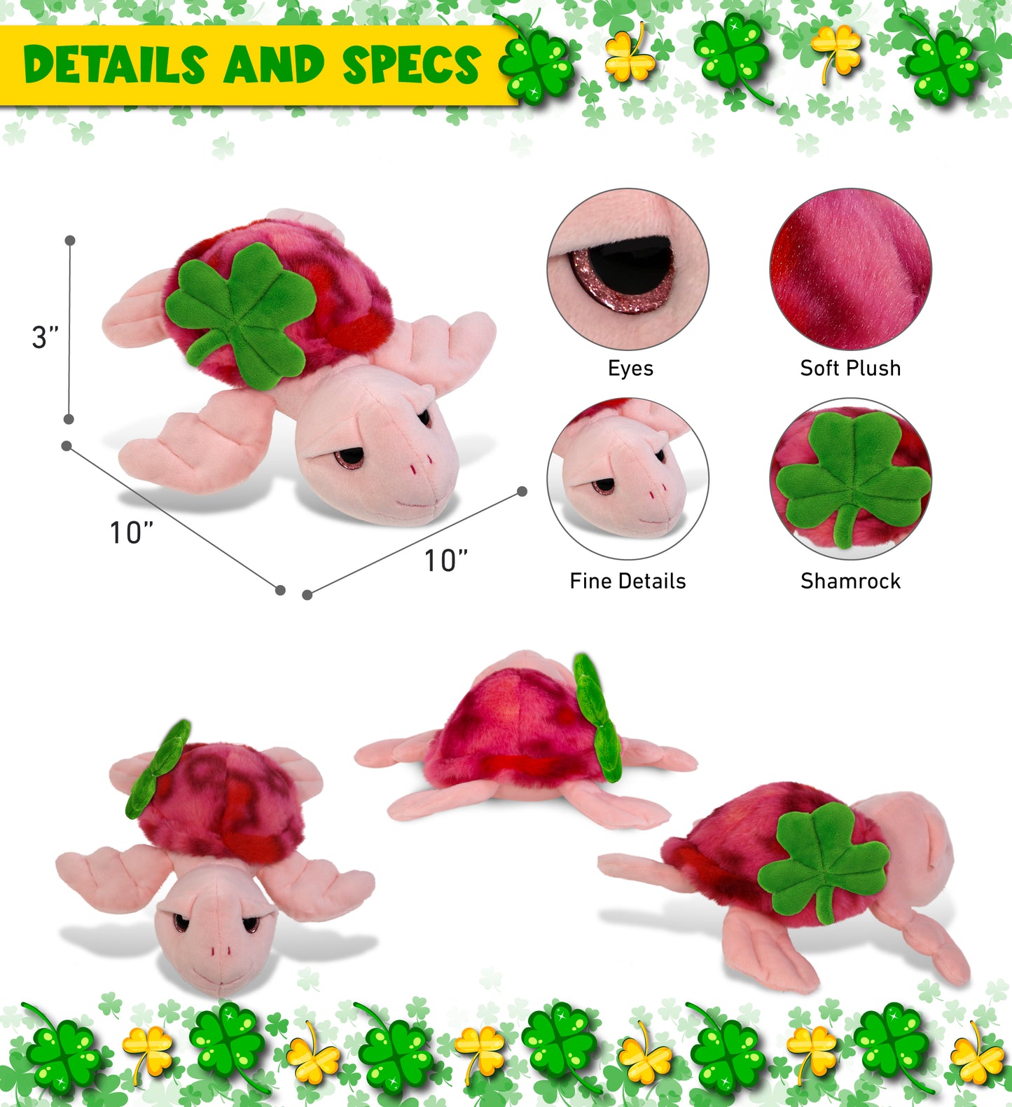 DolliBu Pink Tie-Dye Sea Turtle Plush with Green Plush Shamrock - 10 Inches