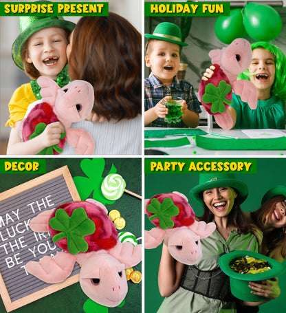 DolliBu Pink Tie-Dye Sea Turtle Plush with Green Plush Shamrock - 10 Inches