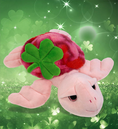 DolliBu Pink Tie-Dye Sea Turtle Plush with Green Plush Shamrock - 10 Inches