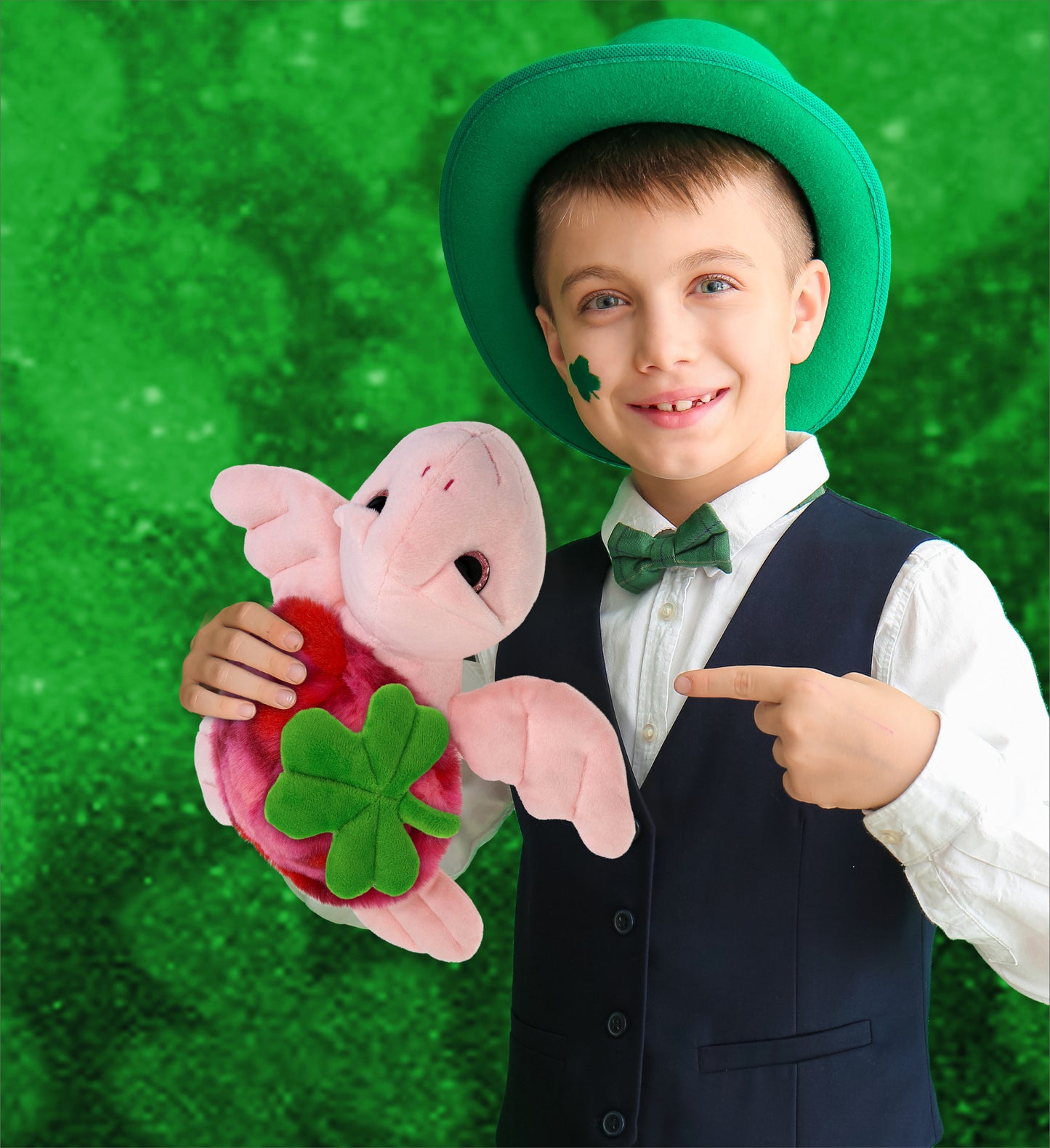 DolliBu Pink Tie-Dye Sea Turtle Plush with Green Plush Shamrock - 10 Inches