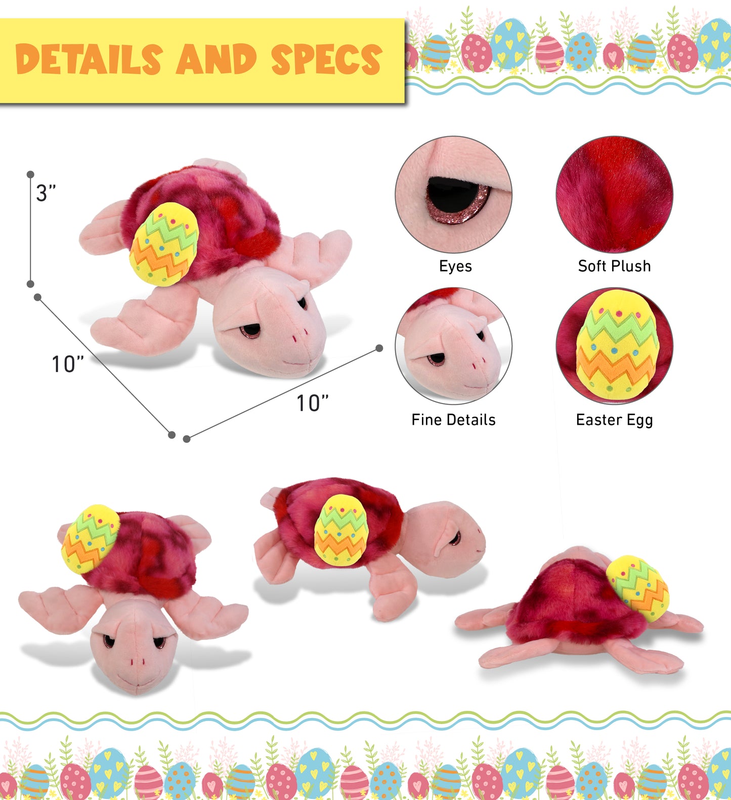 DolliBu Cute Pink Tie-Dye Sea Turtle with Yellow Easter Egg Plush - 10 Inches