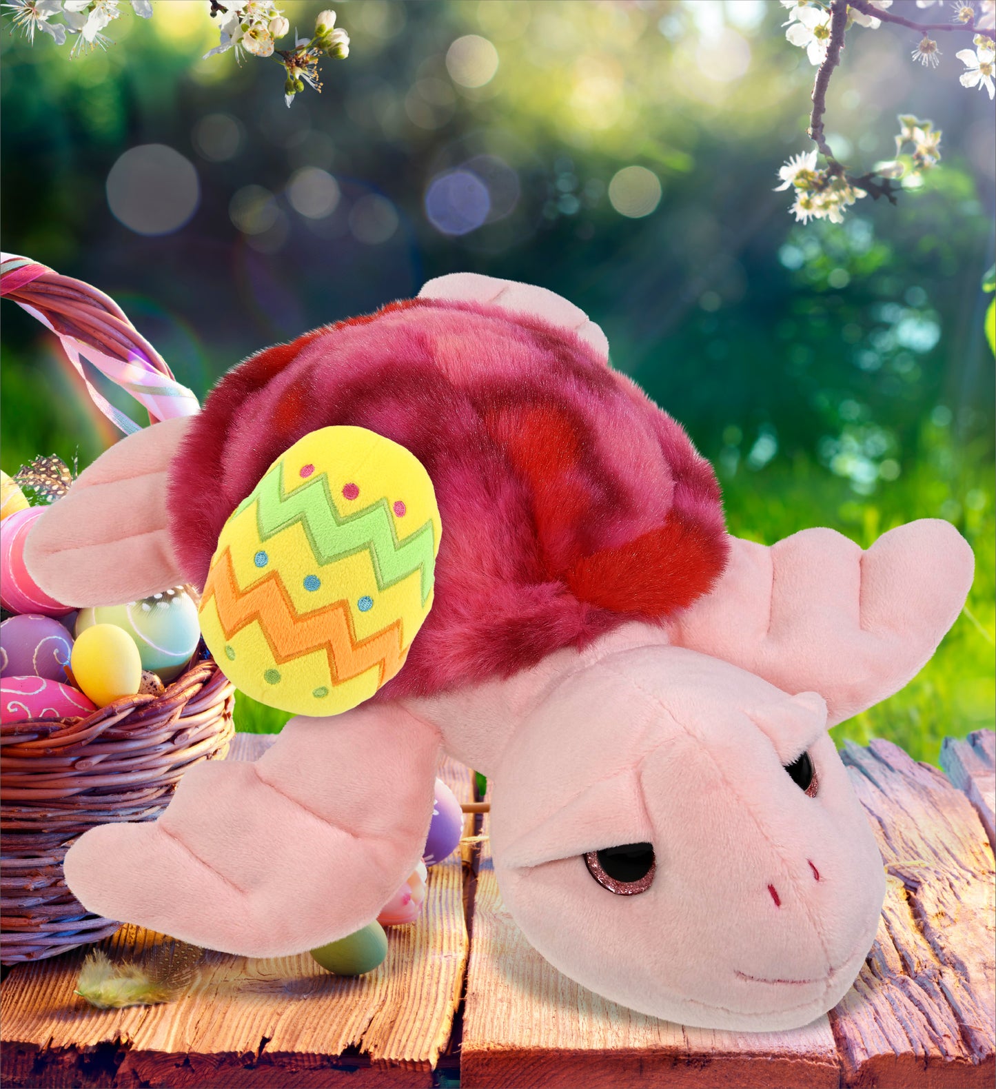 DolliBu Cute Pink Tie-Dye Sea Turtle with Yellow Easter Egg Plush - 10 Inches