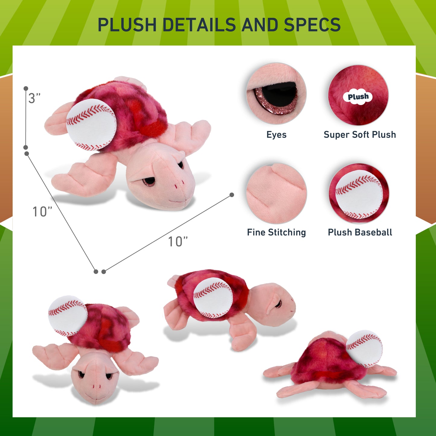 SUPER-SOFT PLUSH - PINK TIE-DYE SEA TURTLE10" WITH BASEBALL PLUSH