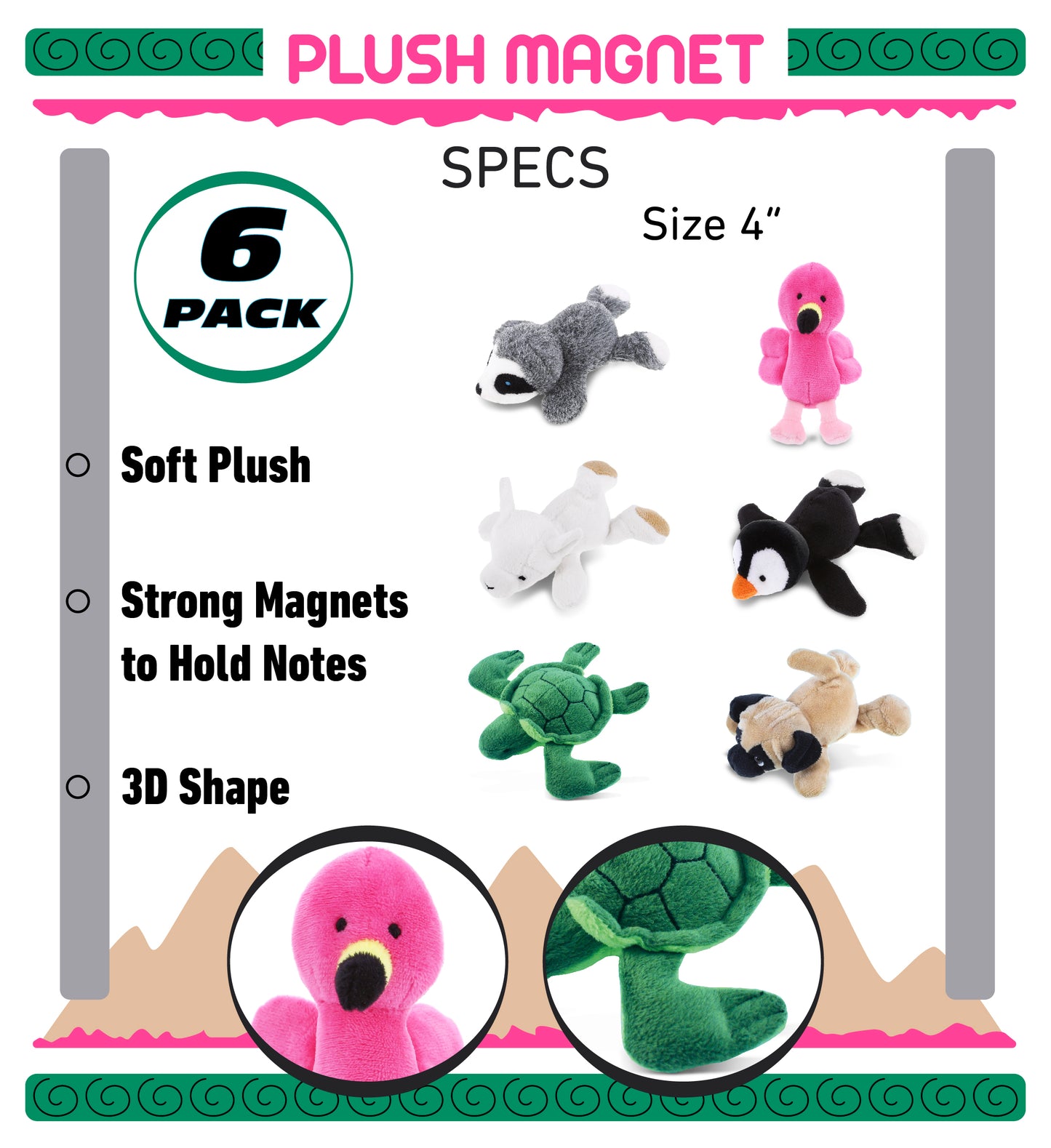 Plush - Flamingo,  Llama,  Sloth,  Pug Dog,  Penguin and  Sea Turtle Plush Fridge Magnets - Set of 6