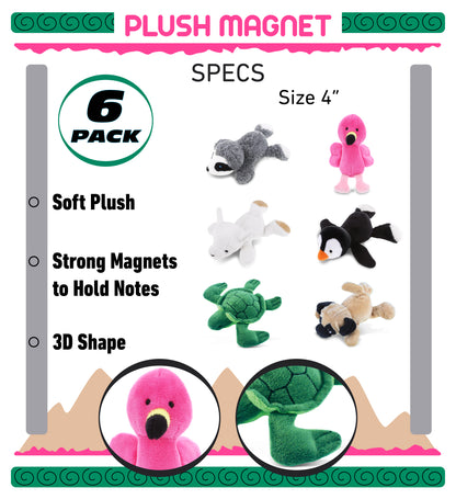 Plush - Flamingo,  Llama,  Sloth,  Pug Dog,  Penguin and  Sea Turtle Plush Fridge Magnets - Set of 6