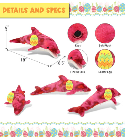 DolliBu Super Soft Pink Tie-Dye Dolphin with Yellow Easter Egg Plush - 18 Inch