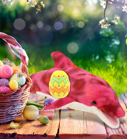 DolliBu Super Soft Pink Tie-Dye Dolphin with Yellow Easter Egg Plush - 18 Inch