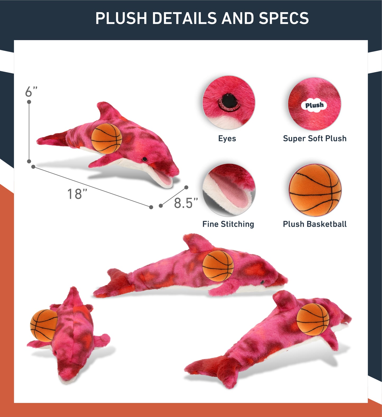 SUPER-SOFT PLUSH - PINK TIE-DYE DOLPHIN 18" WITH BASKETBALL PLUSH