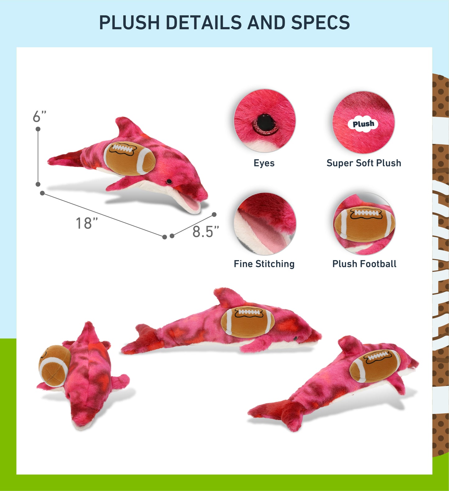 SUPER-SOFT PLUSH - PINK TIE-DYE DOLPHIN 18" WITH FOOTBALL PLUSH