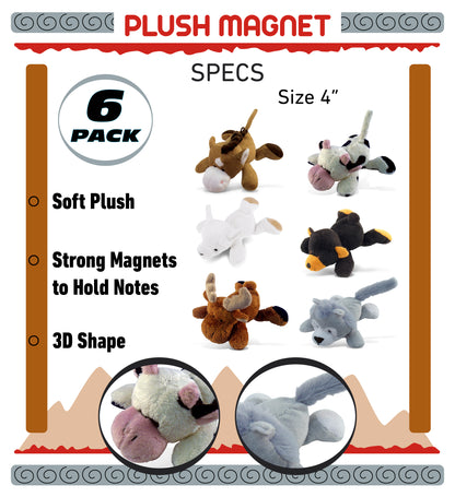 Plush -  Llama,  Moose, Cow, Black Bear, Horse and  Wolf Plush Fridge Magnets - Set of 6