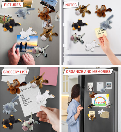 Plush -  Llama,  Moose, Cow, Black Bear, Horse and  Wolf Plush Fridge Magnets - Set of 6