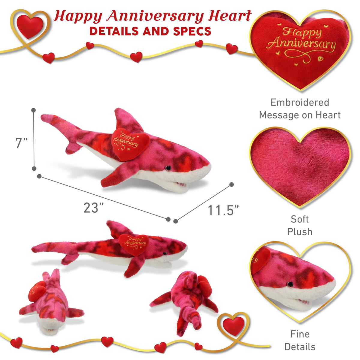 SUPER-SOFT PLUSH - PINK TIE-DYE SHARK 23" WITH HAPPY ANNIVERSARY HEART