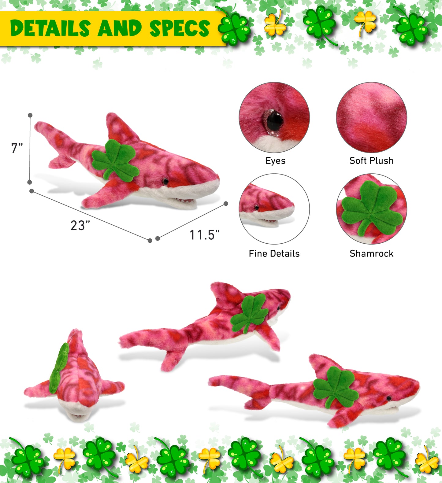 DolliBu Pink Tie-Dye Shark Stuffed Animal with Green Plush Shamrock - 23 Inches